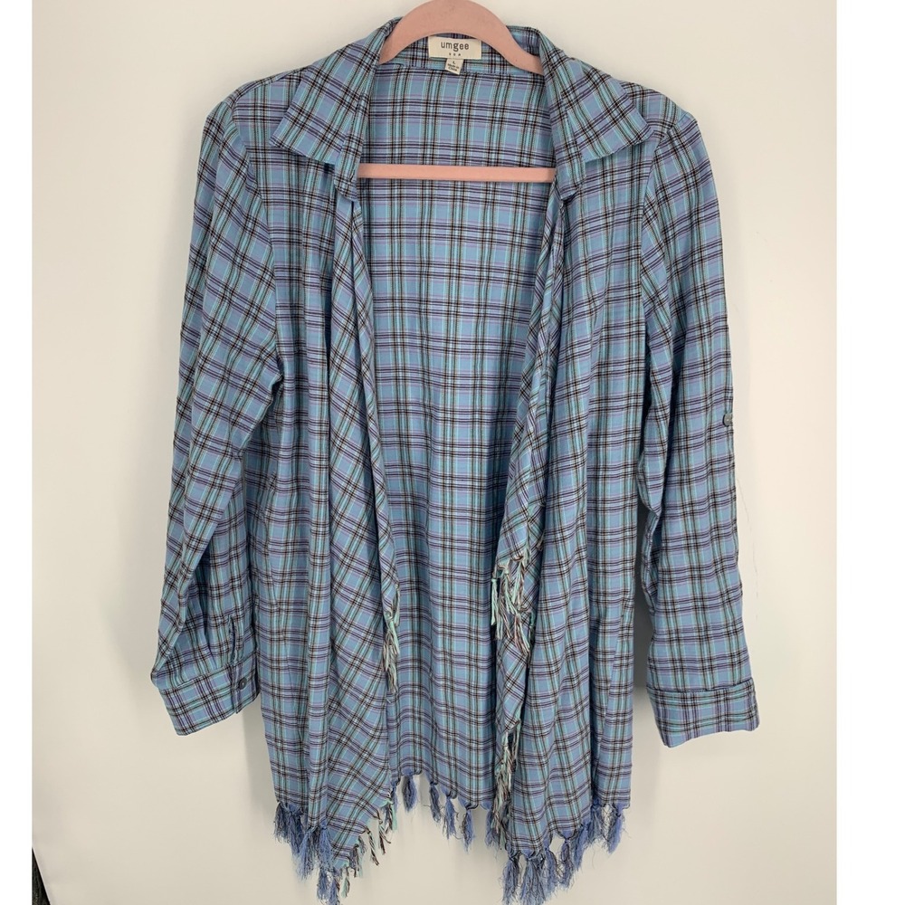 Umgee Womens Large Plaid Fringe Hem Open Front Cardigan Blue Purple Boho Layer